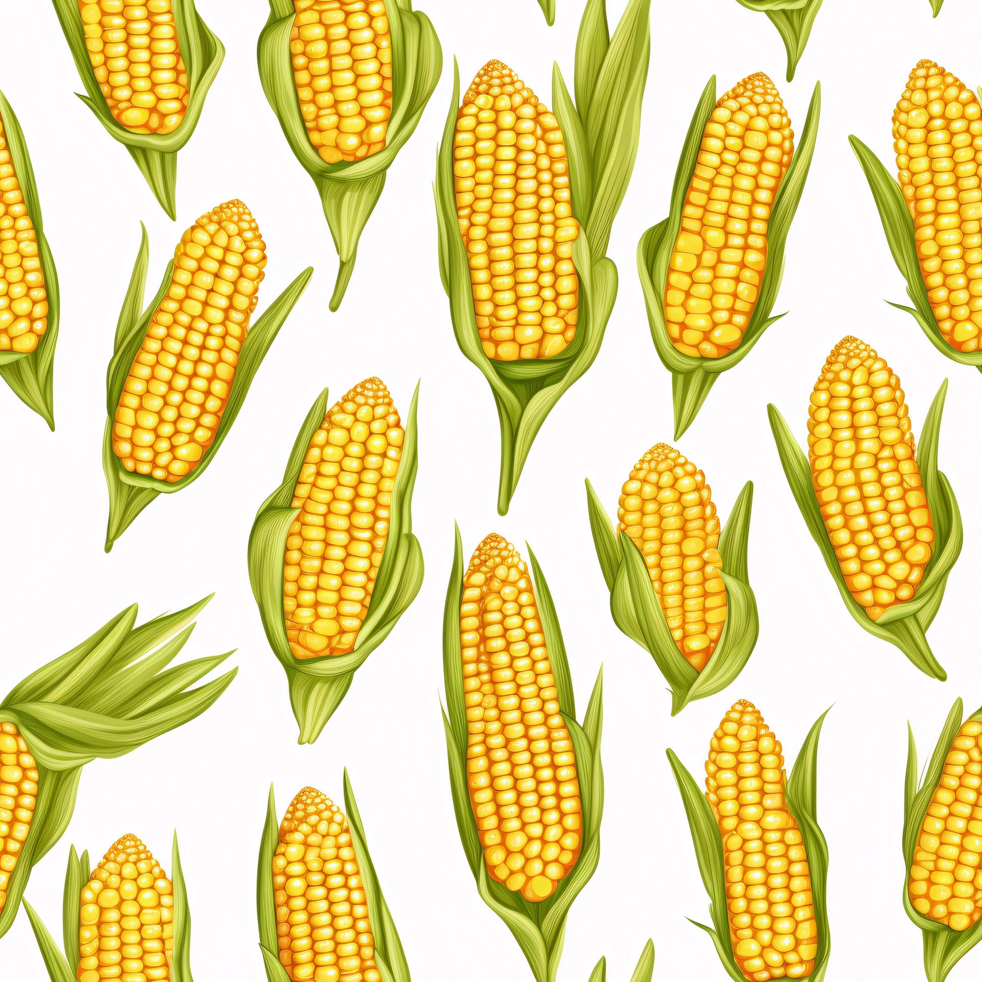 yellow corn, golden yellow, bright orange, green husks, corn cobs, vegetable pattern, food motif, harvest theme, agricultural design, seamless pattern, quilting cotton, fabric panel, autumn colors, farm fresh, corn kernels, botanical print, kitchen theme, scattered design, realistic illustration, summer produce