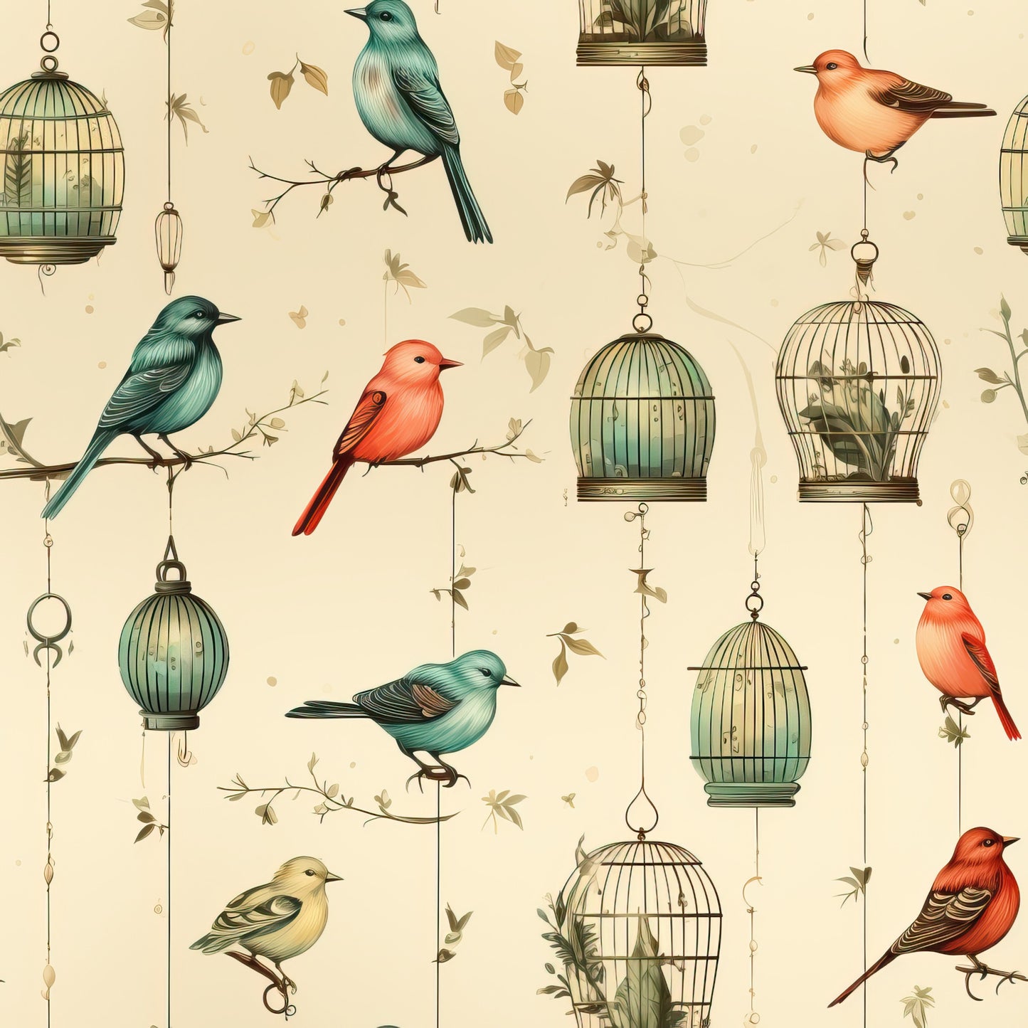 vintage birdcages, quilting cotton, fabric panel, songbirds, hanging cages, teal birds, coral birds, yellow birds, ornate cages, botanical branches, leaves, cream background, decorative chains, bird illustration, nature motif, soft pastels, whimsical design, cotton fabric, quilting material