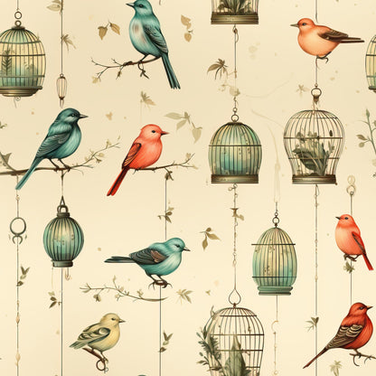 vintage birdcages, quilting cotton, fabric panel, songbirds, hanging cages, teal birds, coral birds, yellow birds, ornate cages, botanical branches, leaves, cream background, decorative chains, bird illustration, nature motif, soft pastels, whimsical design, cotton fabric, quilting material