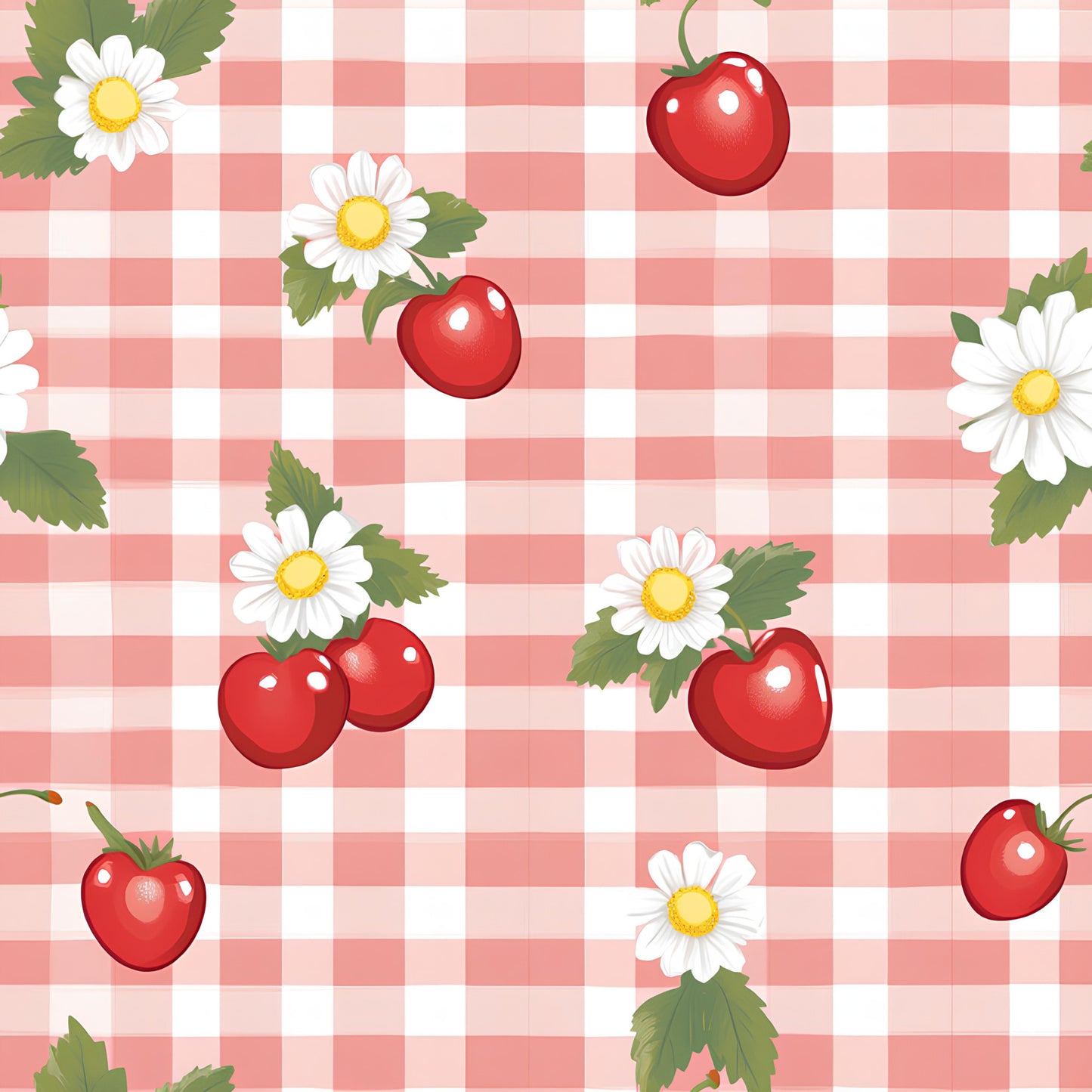 pink gingham, white checkered, red cherries, red strawberries, white daisies, yellow centers, green leaves, vintage style, sweet fruits, floral motifs, quilting cotton, fabric panel, retro pattern, cottage core, summer berries, botanical design, cheerful mood, pastel pink, fruity theme
