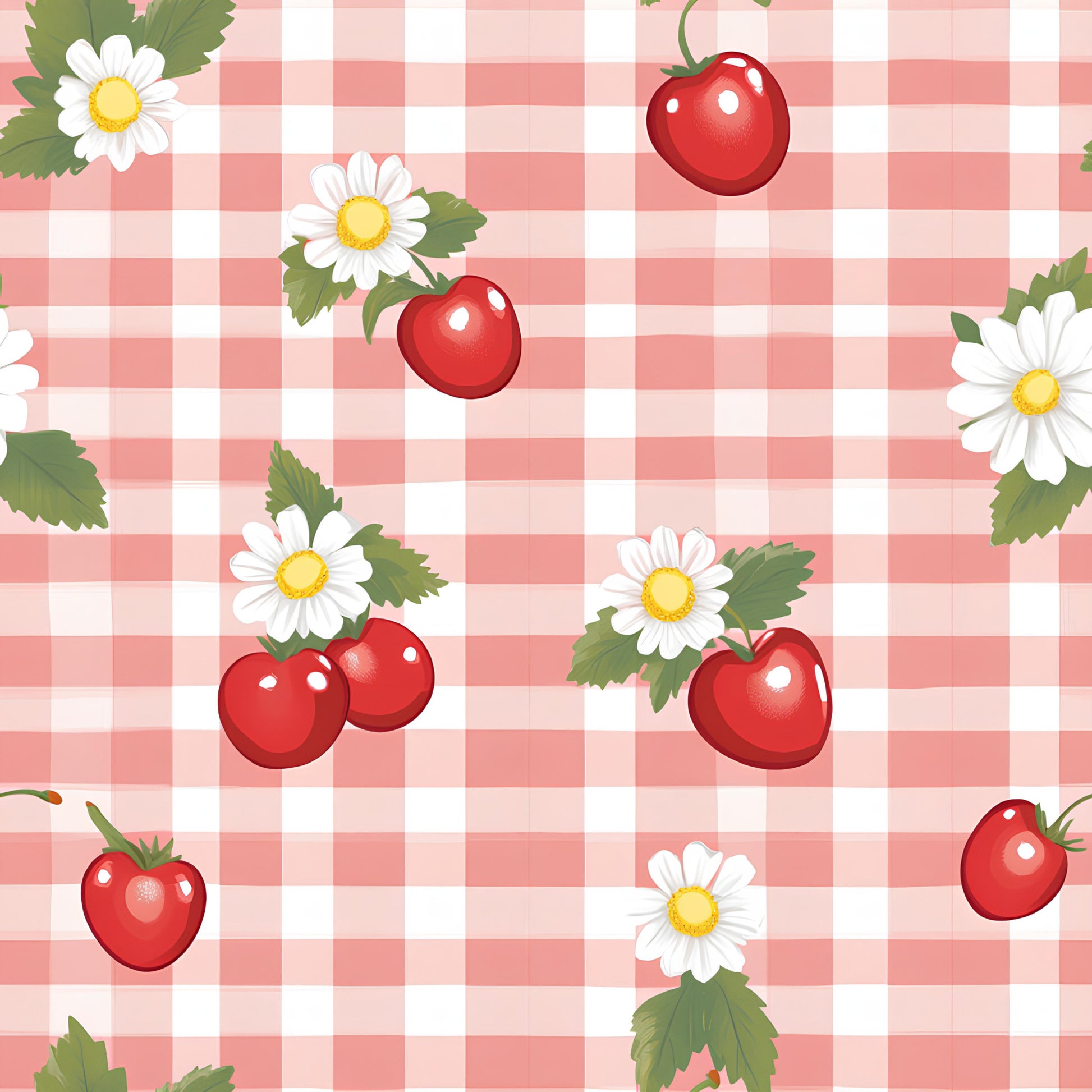 pink gingham, white checkered, red cherries, red strawberries, white daisies, yellow centers, green leaves, vintage style, sweet fruits, floral motifs, quilting cotton, fabric panel, retro pattern, cottage core, summer berries, botanical design, cheerful mood, pastel pink, fruity theme