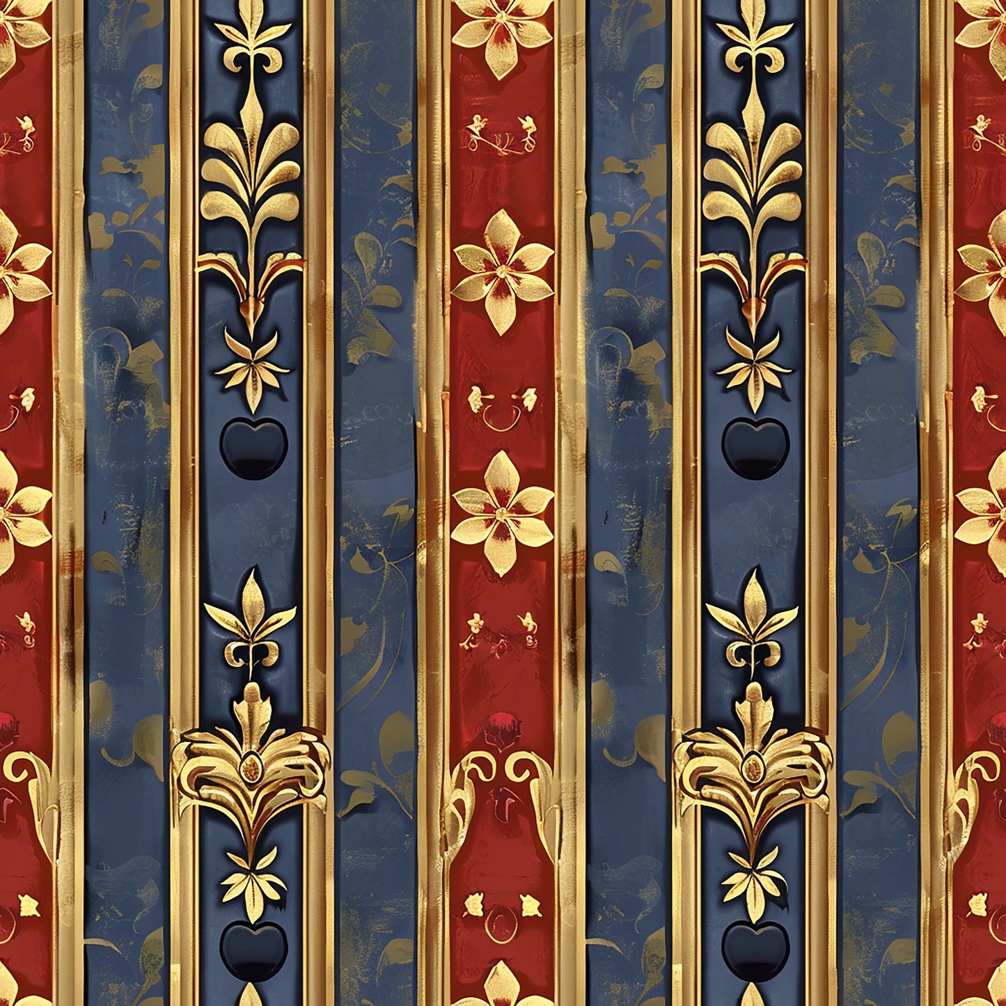 red, navy blue, gold, vertical stripes, fleur-de-lis, ornate florals, decorative motifs, medieval style, french heraldic, regal pattern, quilting cotton, fabric panel, baroque elements, vintage damask, royal colors, elegant design, historic reproduction, antique finish, weathered look, ornamental details