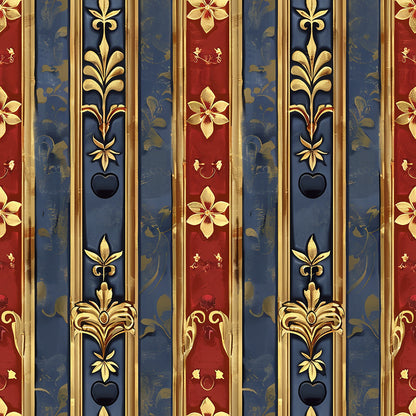 red, navy blue, gold, vertical stripes, fleur-de-lis, ornate florals, decorative motifs, medieval style, french heraldic, regal pattern, quilting cotton, fabric panel, baroque elements, vintage damask, royal colors, elegant design, historic reproduction, antique finish, weathered look, ornamental details