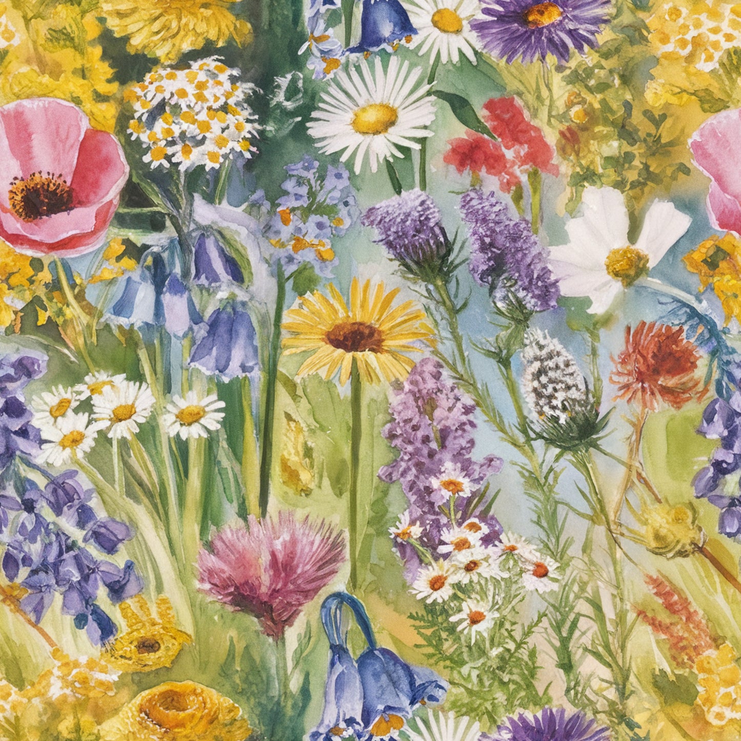 wildflower meadow, watercolor painting, botanical illustration, pink poppies, purple lavender, white daisies, yellow flowers, blue blooms, green foliage, floral pattern, nature scene, spring garden, quilting cotton, fabric panel, artistic florals, cottage garden, mixed wildflowers, soft pastels, meadow flowers, quilting material