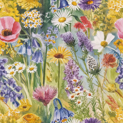 wildflower meadow, watercolor painting, botanical illustration, pink poppies, purple lavender, white daisies, yellow flowers, blue blooms, green foliage, floral pattern, nature scene, spring garden, quilting cotton, fabric panel, artistic florals, cottage garden, mixed wildflowers, soft pastels, meadow flowers, quilting material
