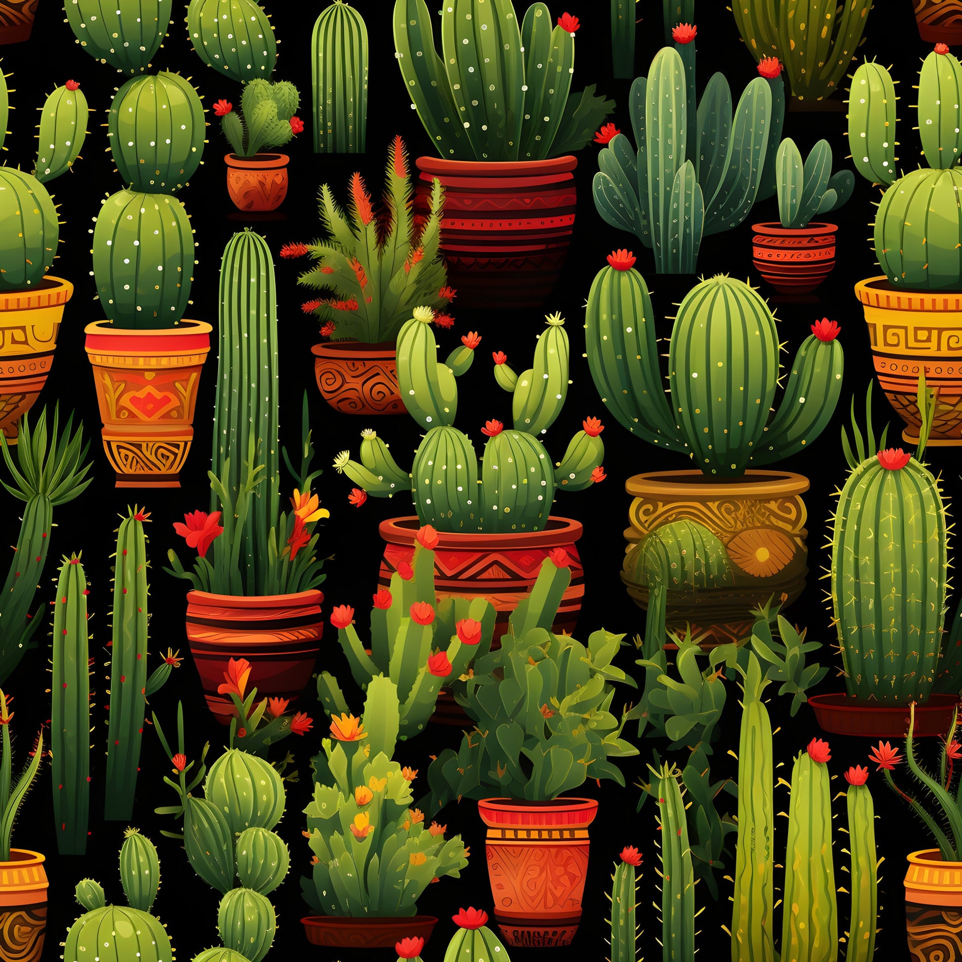 retro cactus, quilting cotton, fabric panel, desert plants, succulent garden, terracotta pots, decorative pottery, green cacti, coral flowers, orange accents, black background, southwestern style, botanical pattern, potted plants, spiky texture, geometric pots, vibrant colors, desert theme, repeating pattern, cotton fabric