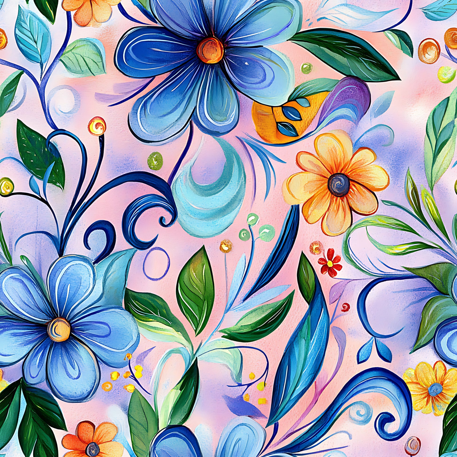 vibrant blue, coral pink, orange flowers, abstract floral, swirling patterns, decorative scrolls, botanical design, whimsical art, contemporary style, quilting cotton, fabric panel, flowing vines, colorful blooms, artistic florals, modern floral, pink background, blue petals, green leaves, ornamental swirls, cheerful mood