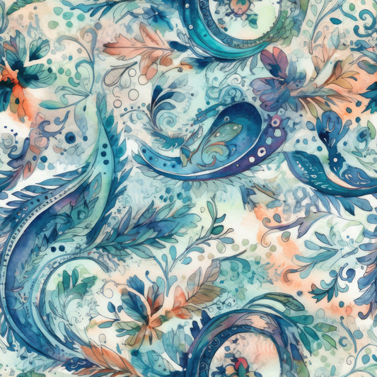 watercolor, paisley, floral motifs, teal blue, coral orange, sage green, navy blue, cream background, swirling patterns, botanical elements, flowing design, organic shapes, whimsical style, quilting cotton, fabric panel, dreamy aesthetic, soft pastels, nature inspired, decorative scrollwork, artistic flourishes