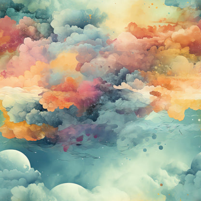 watercolor clouds, dreamy sky, coral pink, turquoise blue, sunset orange, soft yellow, lavender purple, teal green, abstract clouds, ethereal atmosphere, painterly style, flowing design, whimsical mood, quilting cotton, fabric panel, celestial theme, artistic watercolor, cloud formations, pastel palette, serene skyscape