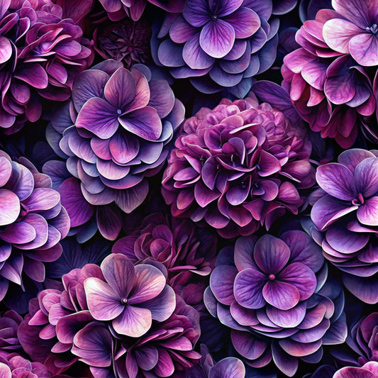 realistic flowers, purple blooms, magenta petals, lavender shades, deep violet, layered petals, floral pattern, botanical design, quilting cotton, fabric panel, dimensional flowers, rich purples, flower clusters, petal details, seamless repeat, garden blooms, textile design, crafting fabric, sewing material, floral motifs