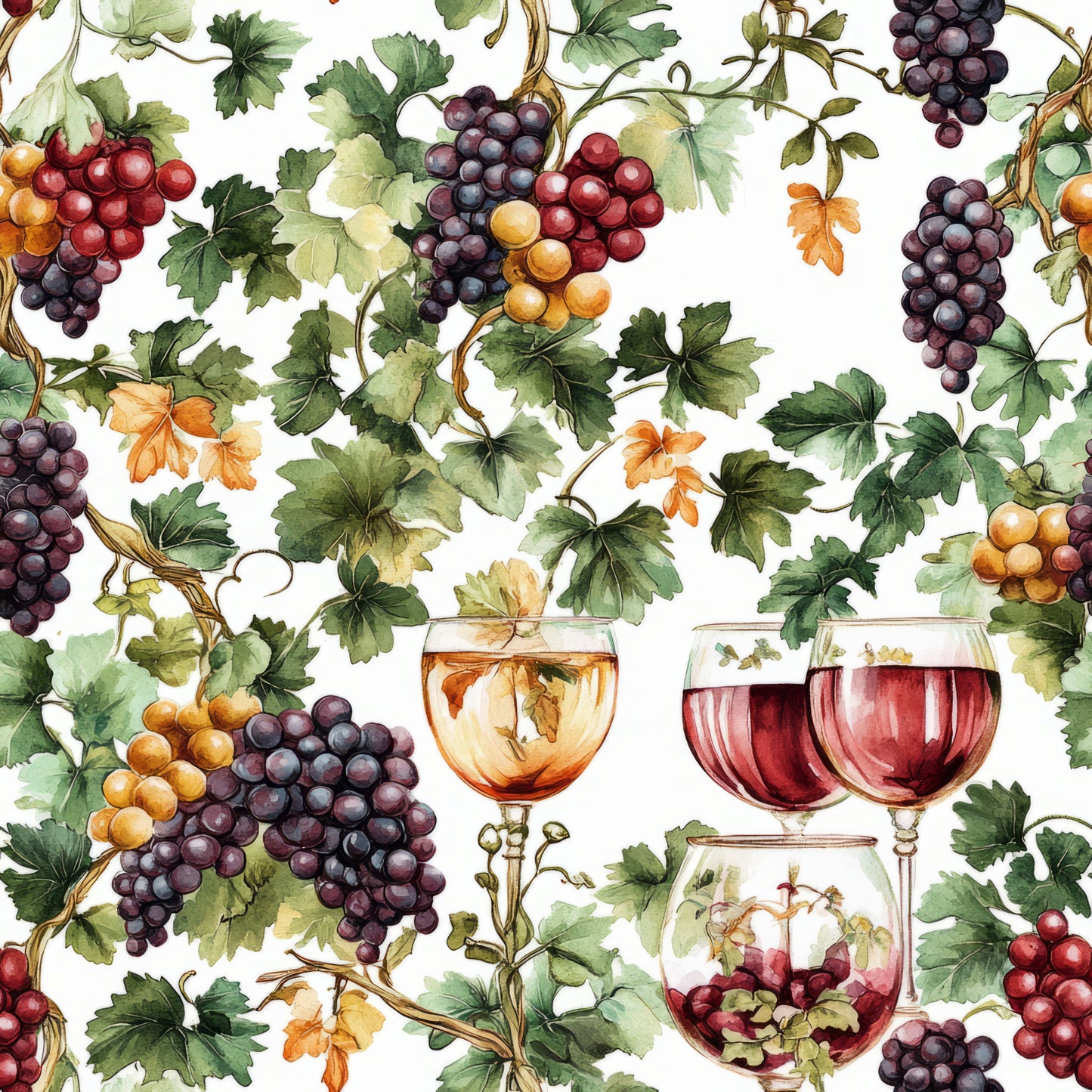 grape vines, wine glasses, burgundy, deep purple, golden yellow, forest green, orange accents, botanical illustration, watercolor style, vineyard theme, grape clusters, vine leaves, autumn colors, wine country, quilting cotton, fabric panel, realistic grapes, wine motif, harvest season, nature pattern