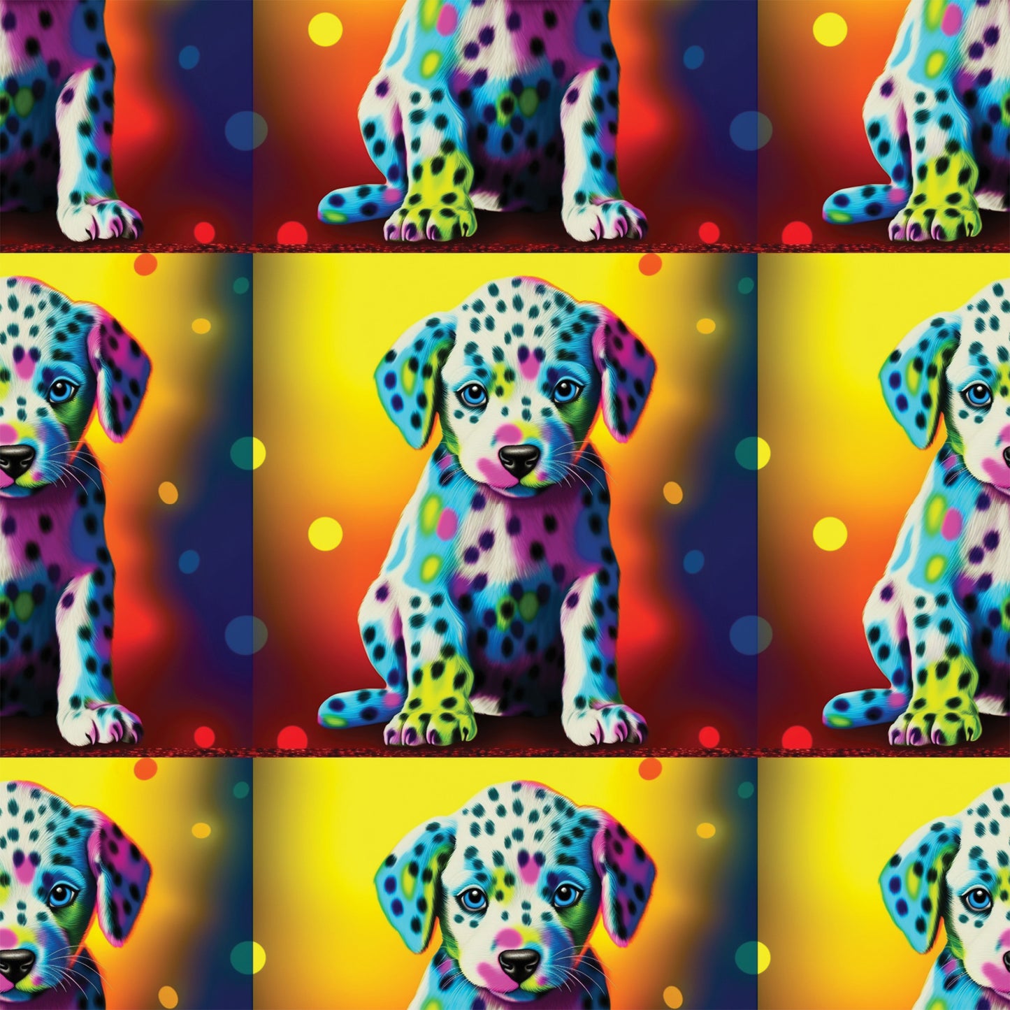 colorful puppies, dalmatian dogs, rainbow colors, vibrant spots, neon pink, electric blue, bright yellow, orange gradient, purple accents, turquoise, lime green, polka dots, pop art style, psychedelic, quilting cotton, fabric panel, repeating pattern, playful animals, contemporary art, bright backgrounds