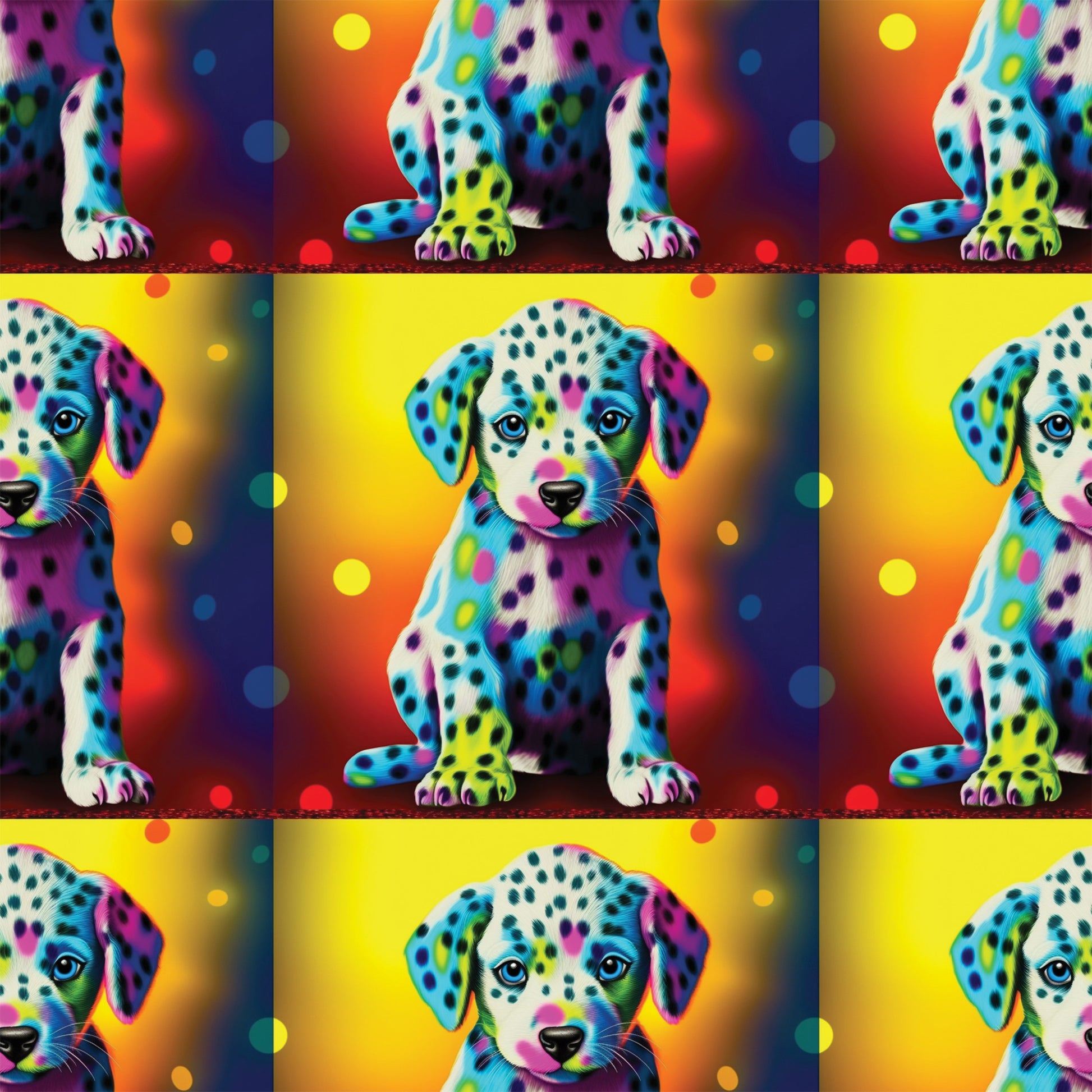 colorful puppies, dalmatian dogs, rainbow colors, vibrant spots, neon pink, electric blue, bright yellow, orange gradient, purple accents, turquoise, lime green, polka dots, pop art style, psychedelic, quilting cotton, fabric panel, repeating pattern, playful animals, contemporary art, bright backgrounds