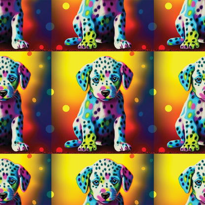 colorful puppies, dalmatian dogs, rainbow colors, vibrant spots, neon pink, electric blue, bright yellow, orange gradient, purple accents, turquoise, lime green, polka dots, pop art style, psychedelic, quilting cotton, fabric panel, repeating pattern, playful animals, contemporary art, bright backgrounds