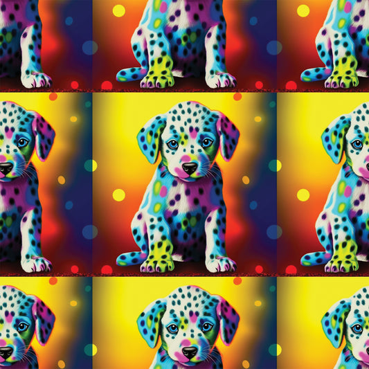 colorful puppies, dalmatian dogs, rainbow colors, vibrant spots, neon pink, electric blue, bright yellow, orange gradient, purple accents, turquoise, lime green, polka dots, pop art style, psychedelic, quilting cotton, fabric panel, repeating pattern, playful animals, contemporary art, bright backgrounds