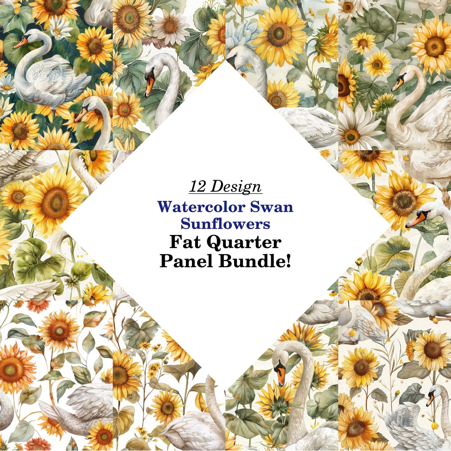 Watercolor Swan Sunflowers Fat Quarter Bundle