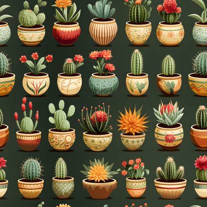 retro cactus, succulent plants, decorative pots, terra cotta planters, orange flowers, coral blooms, green cacti, spiky plants, patterned pottery, geometric designs, botanical illustration, vintage style, quilting cotton, fabric panel, desert plants, potted succulents, floral accents, earthy tones, sage green, warm orange