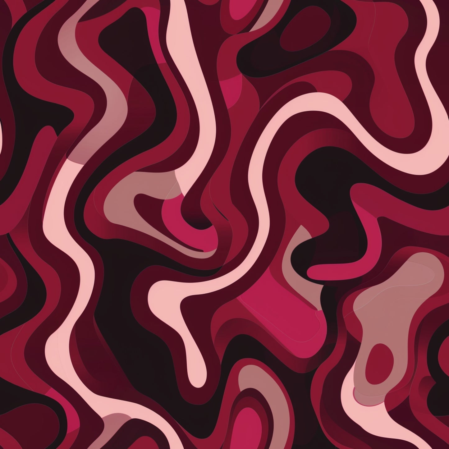burgundy, deep red, pink, black, maroon, crimson, abstract pattern, swirling design, flowing shapes, organic curves, liquid motion, wavy lines, contemporary art, modern design, psychedelic style, retro aesthetic, quilting cotton, fabric panel, seamless pattern, fluid movement