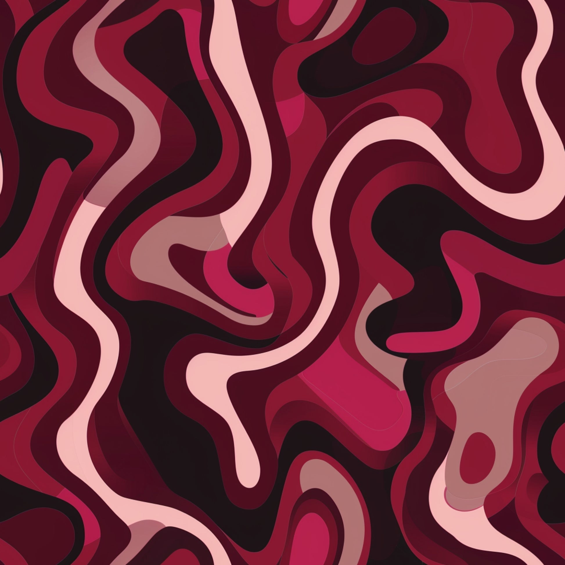 burgundy, deep red, pink, black, maroon, crimson, abstract pattern, swirling design, flowing shapes, organic curves, liquid motion, wavy lines, contemporary art, modern design, psychedelic style, retro aesthetic, quilting cotton, fabric panel, seamless pattern, fluid movement
