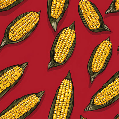 sweet corn, corn cobs, yellow kernels, red background, crimson red, golden yellow, green husks, vegetable pattern, food motif, harvest theme, autumn colors, quilting cotton, fabric panel, repeating pattern, botanical design, farm fresh, agricultural theme, corn on the cob, kitchen fabric, cooking theme