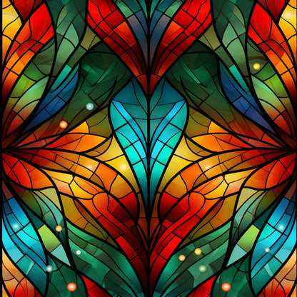 stained glass, christmas pattern, quilting cotton, fabric panel, red, orange, yellow, green, blue, turquoise, geometric design, mosaic pattern, church window style, holiday fabric, vibrant colors, art nouveau, decorative motifs, festive design, kaleidoscope effect, multicolored
