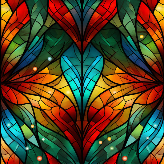stained glass, christmas pattern, quilting cotton, fabric panel, red, orange, yellow, green, blue, turquoise, geometric design, mosaic pattern, church window style, holiday fabric, vibrant colors, art nouveau, decorative motifs, festive design, kaleidoscope effect, multicolored