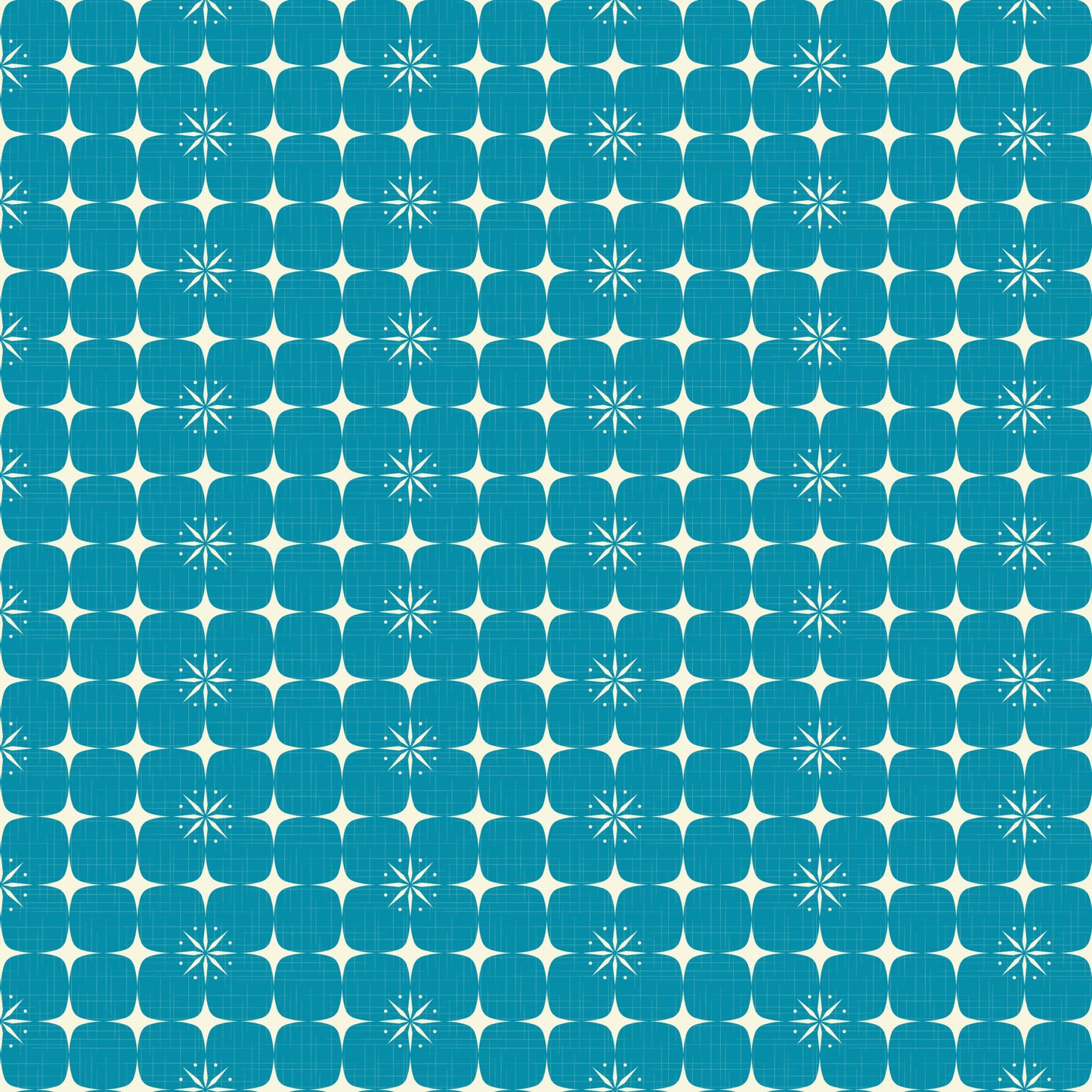 turquoise, teal, blue, white, atomic starburst, geometric pattern, mid-century modern, retro design, quilting cotton, fabric panel, starbursts, atomic age, vintage style, geometric shapes, repeating pattern, modernist, space age, angular design, textile art, crafting fabric