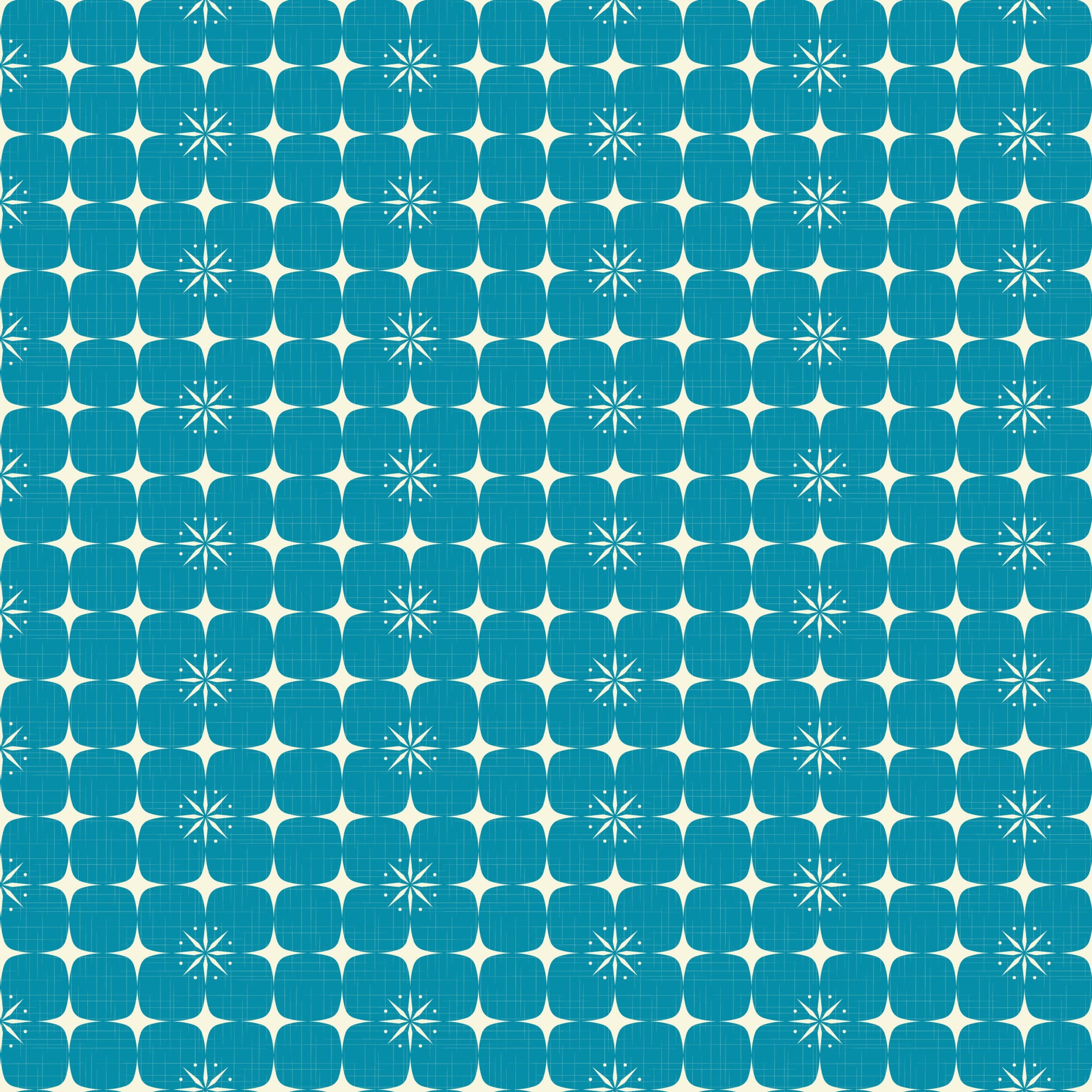 turquoise, teal, blue, white, atomic starburst, geometric pattern, mid-century modern, retro design, quilting cotton, fabric panel, starbursts, atomic age, vintage style, geometric shapes, repeating pattern, modernist, space age, angular design, textile art, crafting fabric