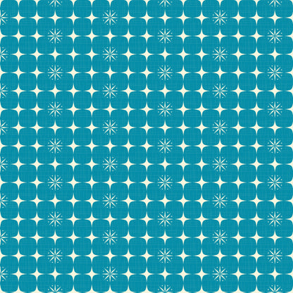 turquoise, teal, blue, white, atomic starburst, geometric pattern, mid-century modern, retro design, quilting cotton, fabric panel, starbursts, atomic age, vintage style, geometric shapes, repeating pattern, modernist, space age, angular design, textile art, crafting fabric