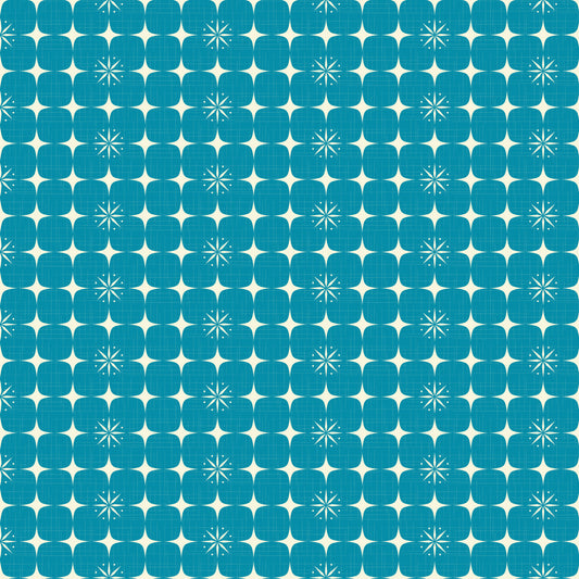 turquoise, teal, blue, white, atomic starburst, geometric pattern, mid-century modern, retro design, quilting cotton, fabric panel, starbursts, atomic age, vintage style, geometric shapes, repeating pattern, modernist, space age, angular design, textile art, crafting fabric