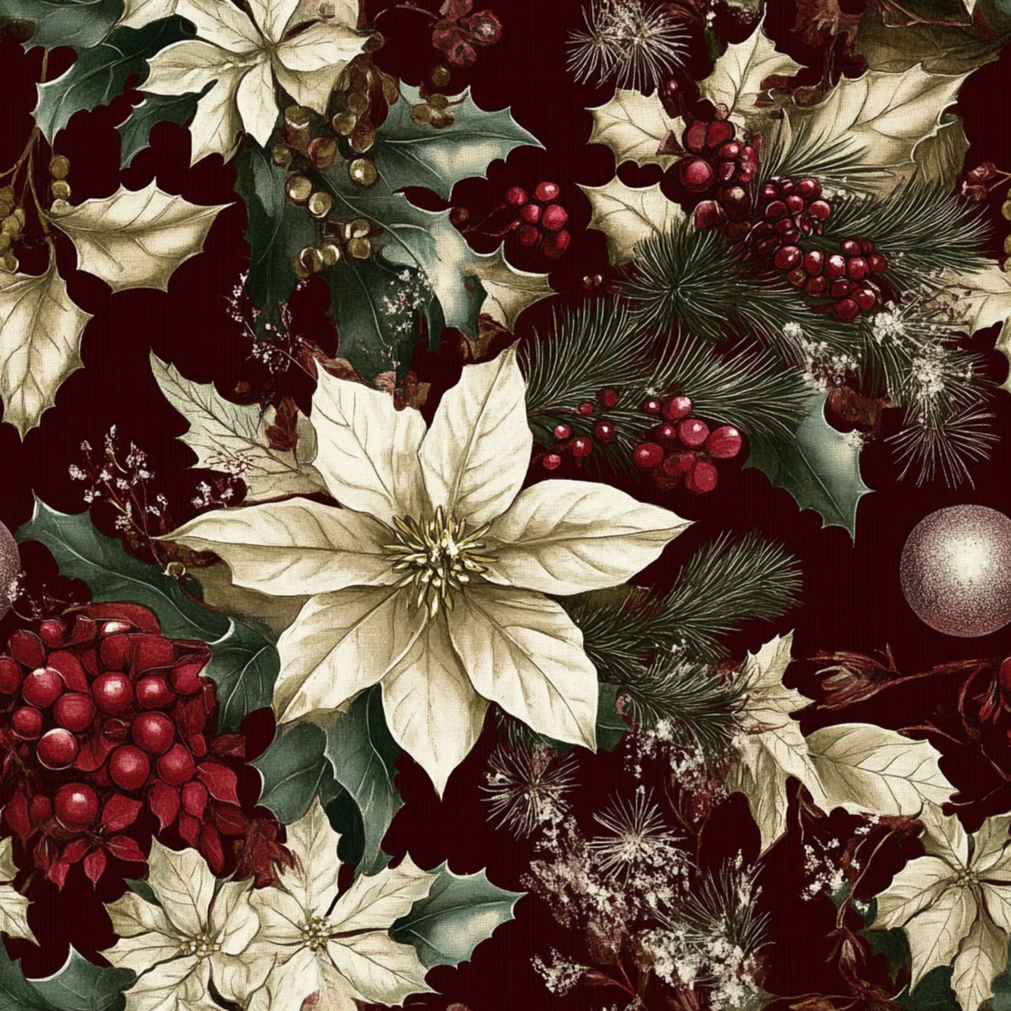 christmas fabric, quilting cotton, fabric panel, poinsettias, holly leaves, red berries, pine branches, pinecones, ornaments, burgundy, cream, ivory, deep red, forest green, floral pattern, botanical design, winter foliage, holiday motif, vintage style, rich colors