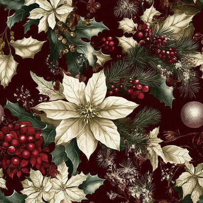 christmas fabric, quilting cotton, fabric panel, poinsettias, holly leaves, red berries, pine branches, pinecones, ornaments, burgundy, cream, ivory, deep red, forest green, floral pattern, botanical design, winter foliage, holiday motif, vintage style, rich colors