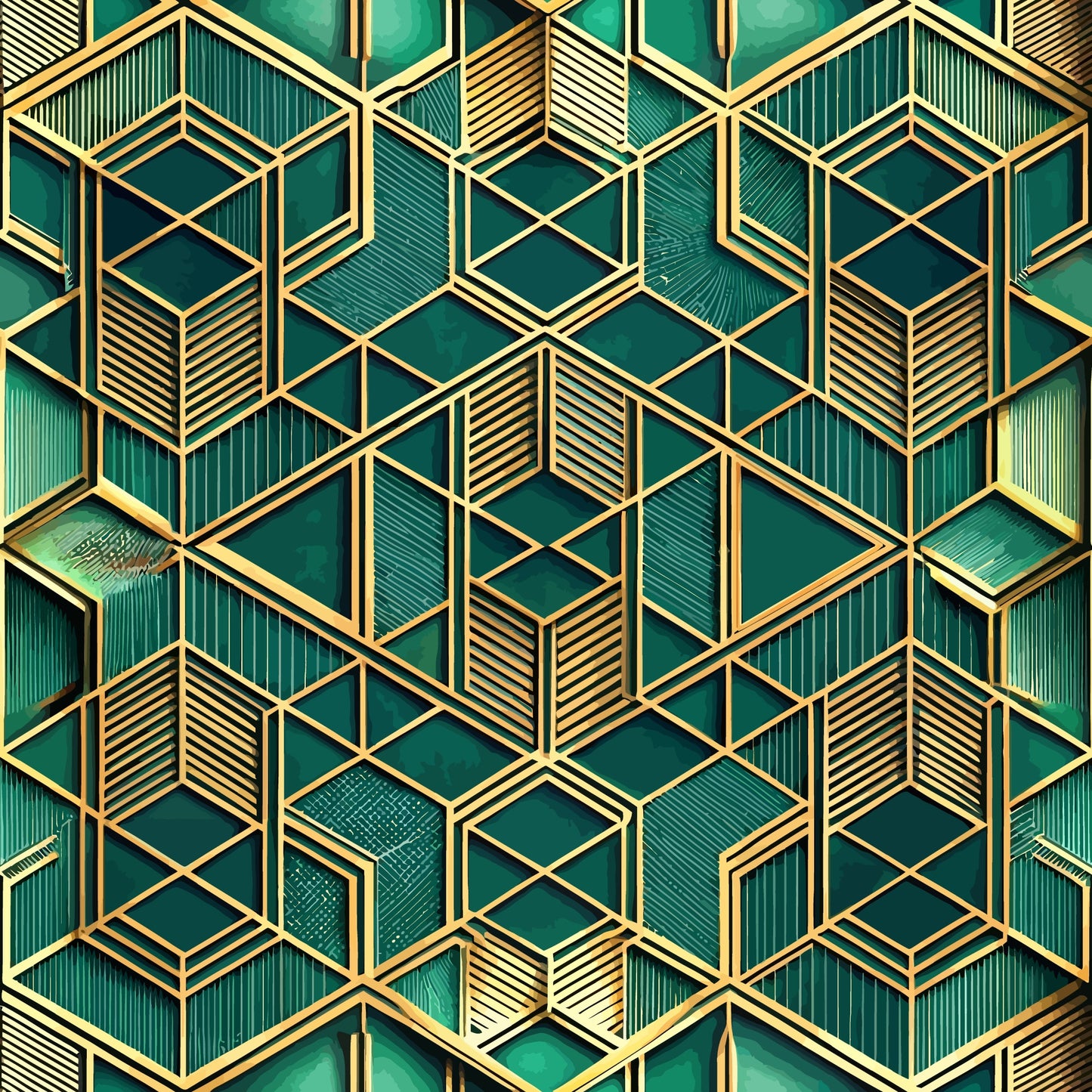 emerald green, gold accents, geometric pattern, hexagonal shapes, art deco style, 3d illusion, luxury design, quilting cotton, fabric panel, metallic finish, dimensional cubes, sophisticated pattern, teal background, golden outlines, modern geometric, textured appearance, repeating motif, contemporary style, rich colors, angular design