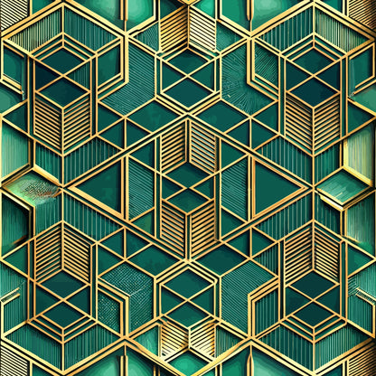 emerald green, gold accents, geometric pattern, hexagonal shapes, art deco style, 3d illusion, luxury design, quilting cotton, fabric panel, metallic finish, dimensional cubes, sophisticated pattern, teal background, golden outlines, modern geometric, textured appearance, repeating motif, contemporary style, rich colors, angular design