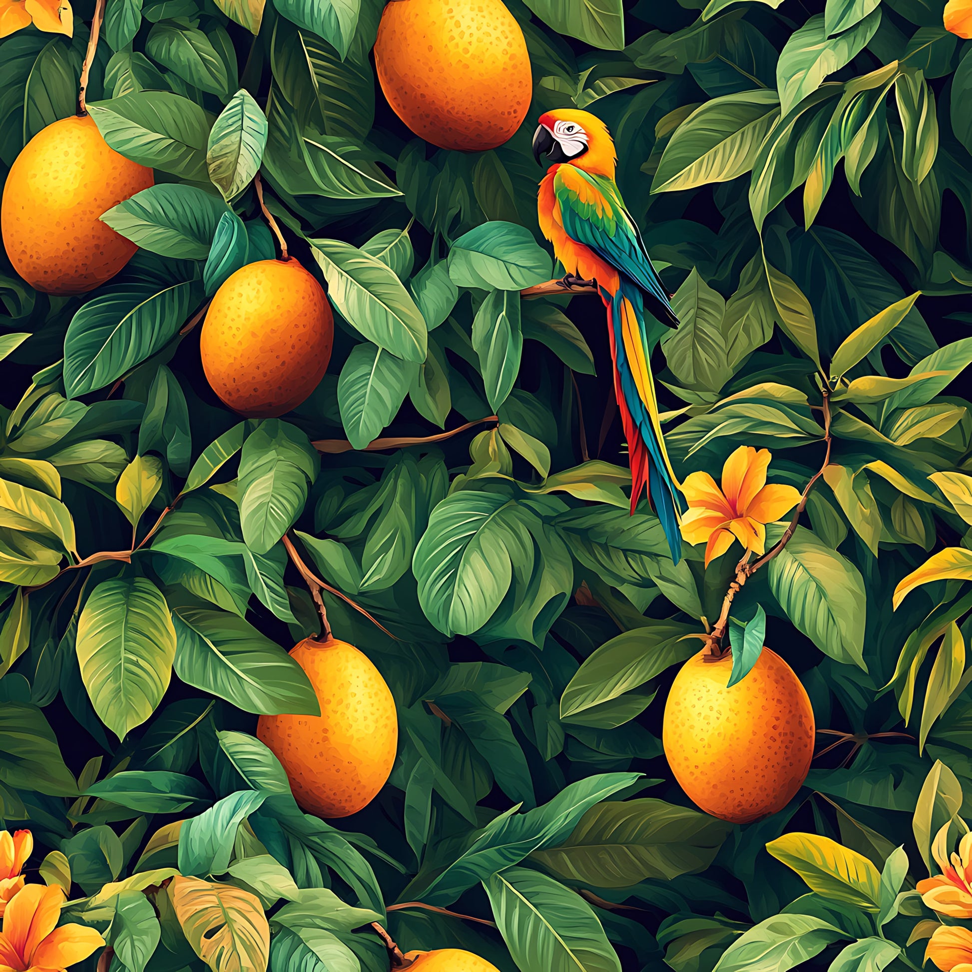 tropical pattern, mango fruit, parrot bird, orange yellow, emerald green, lush foliage, botanical design, jungle scene, exotic birds, citrus fruits, tropical leaves, vibrant colors, nature motif, quilting cotton, fabric panel, wildlife pattern, tropical flowers, dense vegetation, colorful parrot, fruit tree