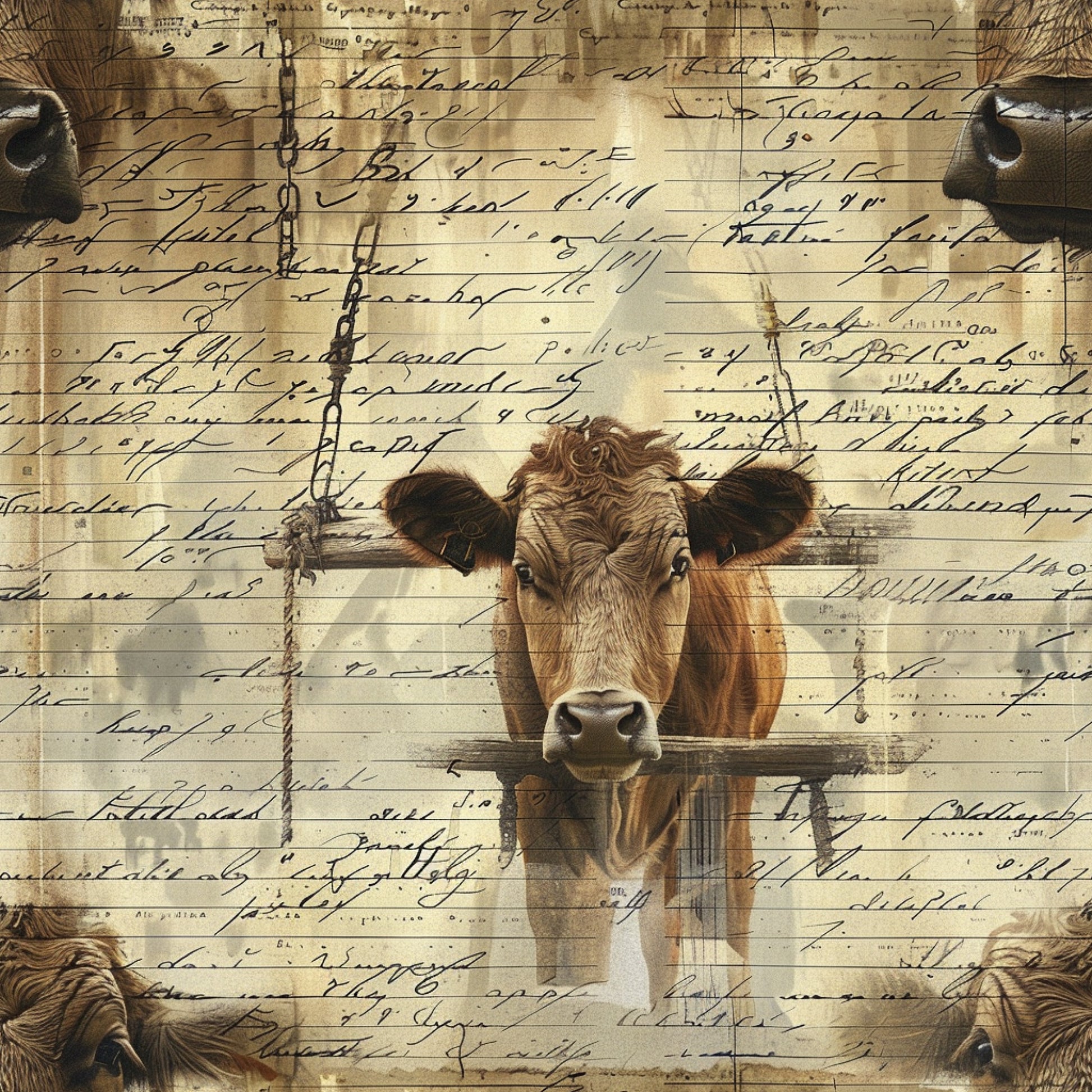 brown cow, vintage script, handwriting overlay, farm animal, rustic chains, sepia tones, beige background, quilting cotton, fabric panel, country style, agricultural theme, livestock portrait, aged paper effect, pastoral scene, antique writing, barnyard animal, neutral colors, farm life, rural motif, nostalgic atmosphere