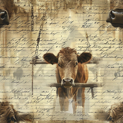 brown cow, vintage script, handwriting overlay, farm animal, rustic chains, sepia tones, beige background, quilting cotton, fabric panel, country style, agricultural theme, livestock portrait, aged paper effect, pastoral scene, antique writing, barnyard animal, neutral colors, farm life, rural motif, nostalgic atmosphere