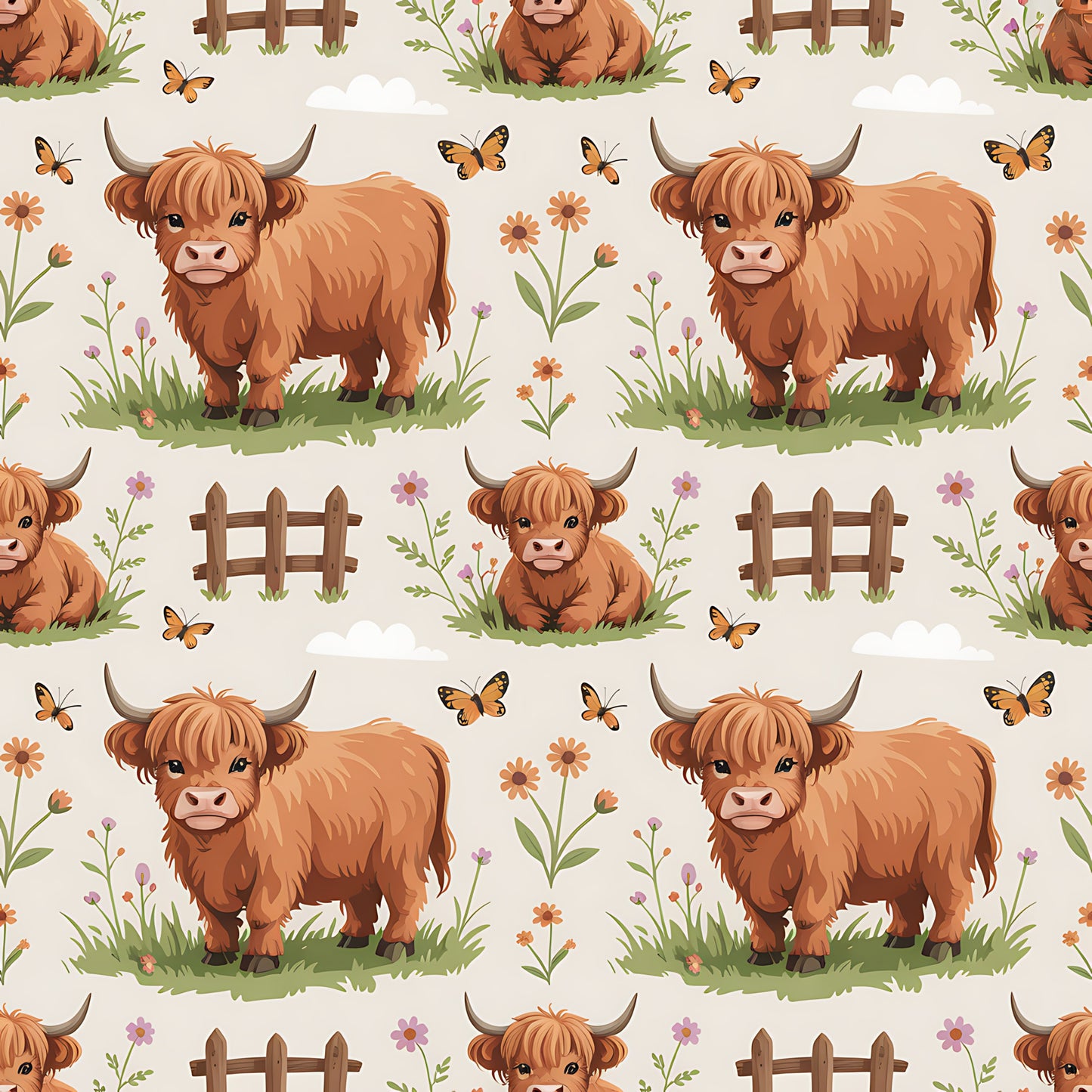Cartoon Highland Cows Pattern 8 Quilting Cotton Fabric