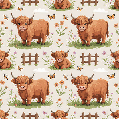 Cartoon Highland Cows Pattern 8 Quilting Cotton Fabric
