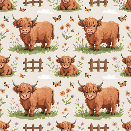 Cartoon Highland Cows Pattern 8 Quilting Cotton Fabric