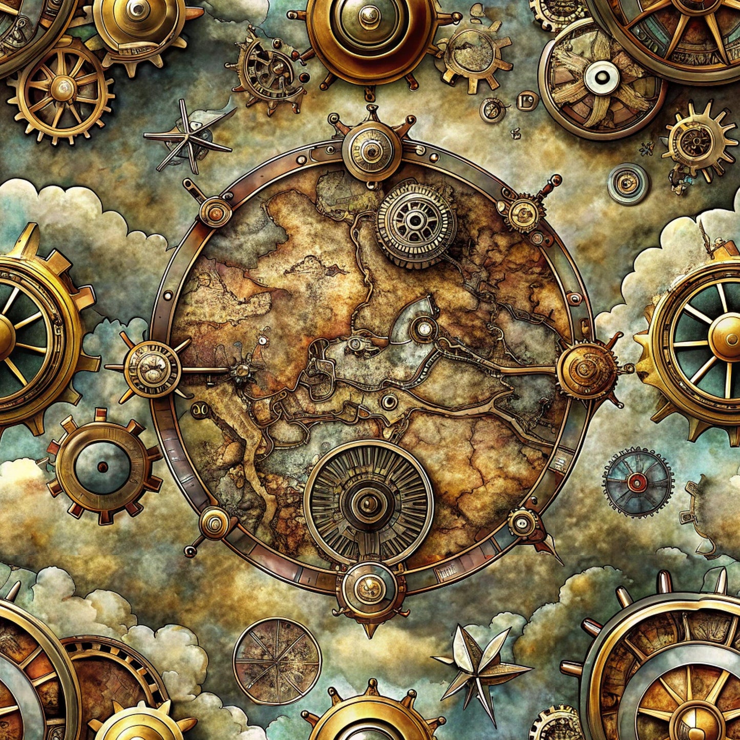 steampunk, old maps, vintage maps, brass, copper, bronze, gold, sepia, mechanical gears, compass roses, navigational instruments, clockwork mechanisms, industrial design, victorian era, adventure theme, exploration, antique cartography, quilting cotton, fabric panel, distressed texture