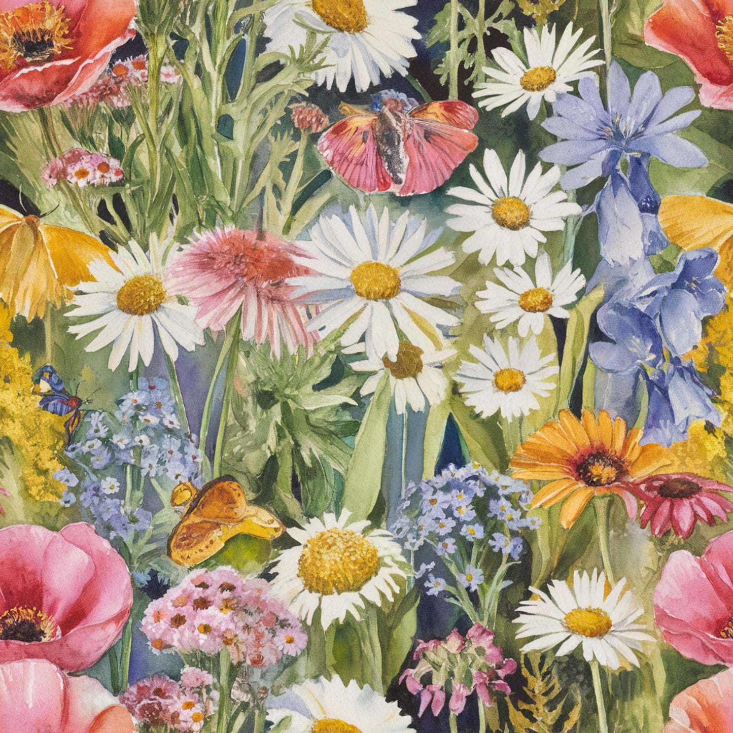 watercolor wildflowers, botanical illustration, daisies, poppies, forget-me-nots, coral pink, lavender blue, sunny yellow, white petals, orange blooms, quilting cotton, fabric panel, meadow flowers, spring garden, delicate brushstrokes, nature pattern, floral motifs, soft pastels, blooming wildflowers, artistic florals