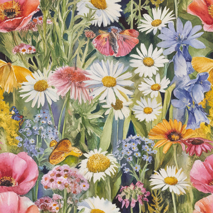 watercolor wildflowers, botanical illustration, daisies, poppies, forget-me-nots, coral pink, lavender blue, sunny yellow, white petals, orange blooms, quilting cotton, fabric panel, meadow flowers, spring garden, delicate brushstrokes, nature pattern, floral motifs, soft pastels, blooming wildflowers, artistic florals