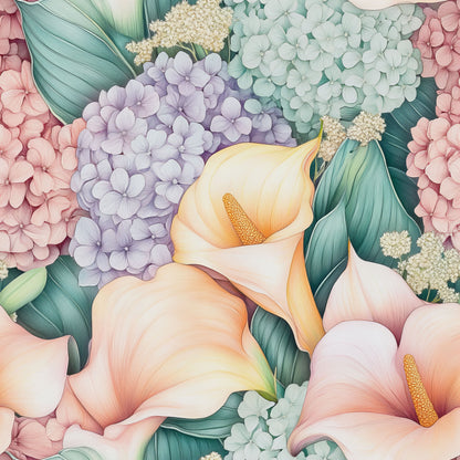 pastel colors, calla lilies, hydrangeas, floral pattern, botanical design, peach blooms, lavender flowers, mint green, coral pink, cream petals, yellow stamens, tropical leaves, quilting cotton, fabric panel, watercolor style, spring flowers, garden blooms, soft pastels, nature motifs, floral arrangement