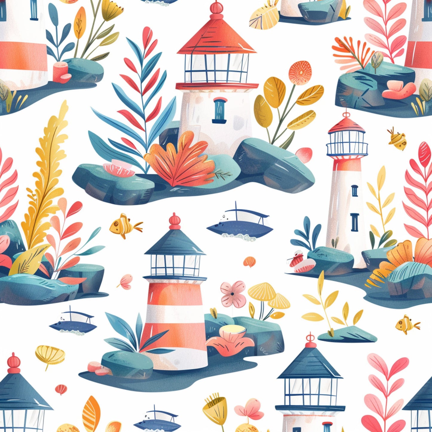 coral pink, teal blue, yellow ochre, lighthouse pattern, coastal scene, nautical theme, seashells, small boats, flowering plants, tropical foliage, rock formations, watercolor style, whimsical illustration, spring motifs, quilting cotton, fabric panel, seaside elements, maritime design, soft pastels, repeating pattern