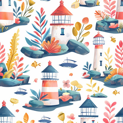 coral pink, teal blue, yellow ochre, lighthouse pattern, coastal scene, nautical theme, seashells, small boats, flowering plants, tropical foliage, rock formations, watercolor style, whimsical illustration, spring motifs, quilting cotton, fabric panel, seaside elements, maritime design, soft pastels, repeating pattern