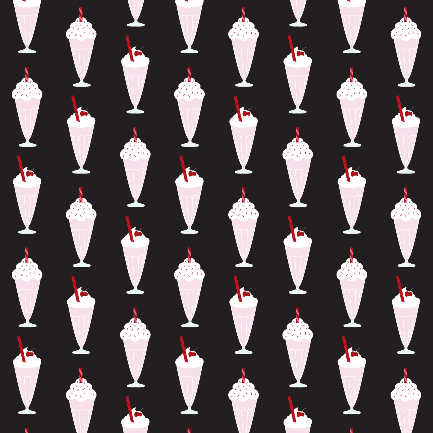 black background, red accents, pink milkshakes, white whipped cream, cherry garnish, red straws, ice cream sundaes, 1950s style, retro diner, soda fountain, repeating pattern, vintage desserts, quilting cotton, fabric panel, nostalgic design, mid-century modern, strawberry shake, dessert motif, diner aesthetic