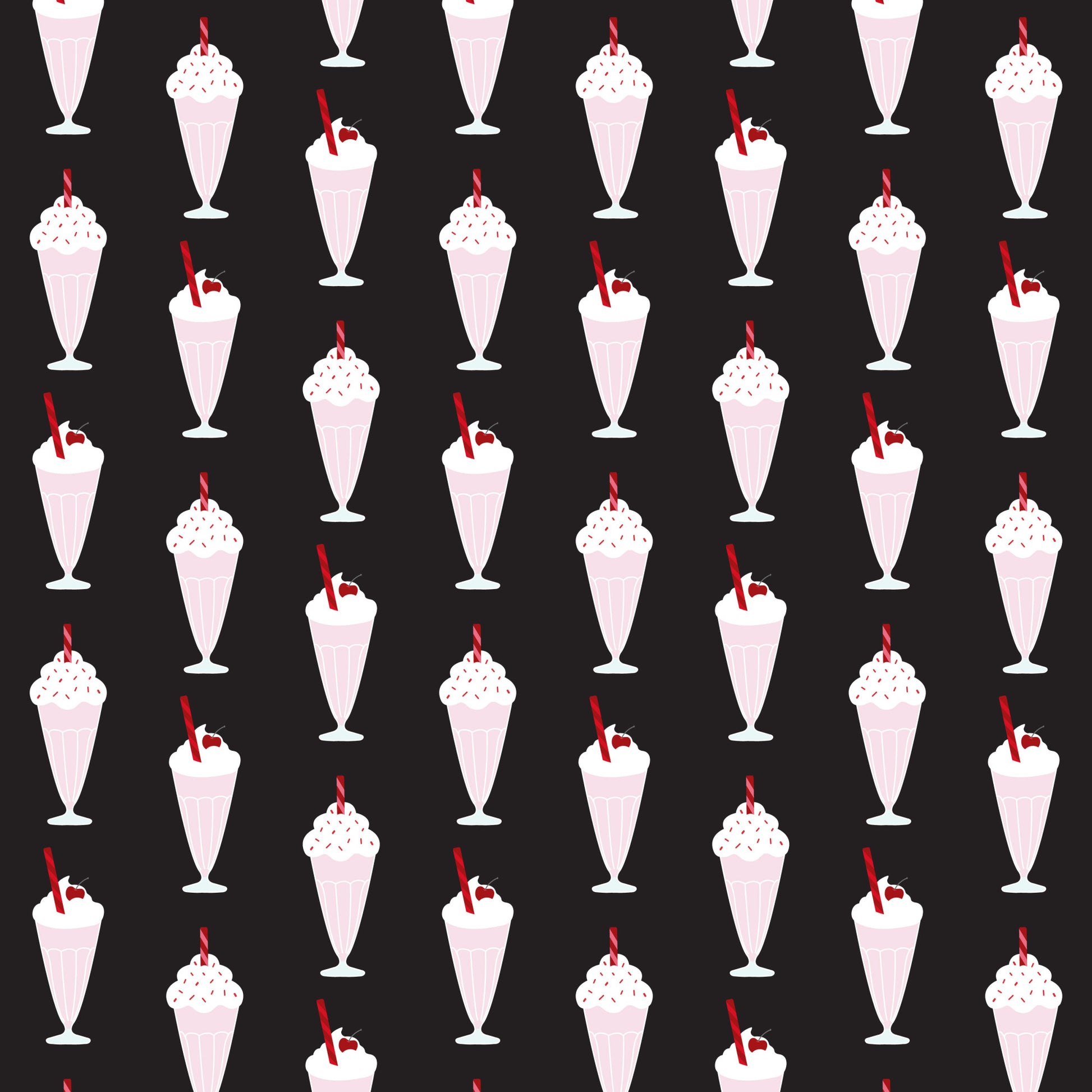 black background, red accents, pink milkshakes, white whipped cream, cherry garnish, red straws, ice cream sundaes, 1950s style, retro diner, soda fountain, repeating pattern, vintage desserts, quilting cotton, fabric panel, nostalgic design, mid-century modern, strawberry shake, dessert motif, diner aesthetic