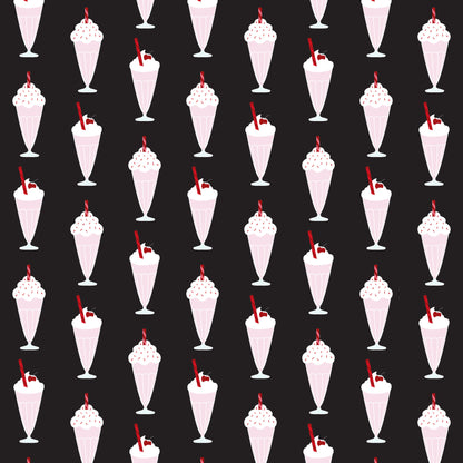 black background, red accents, pink milkshakes, white whipped cream, cherry garnish, red straws, ice cream sundaes, 1950s style, retro diner, soda fountain, repeating pattern, vintage desserts, quilting cotton, fabric panel, nostalgic design, mid-century modern, strawberry shake, dessert motif, diner aesthetic