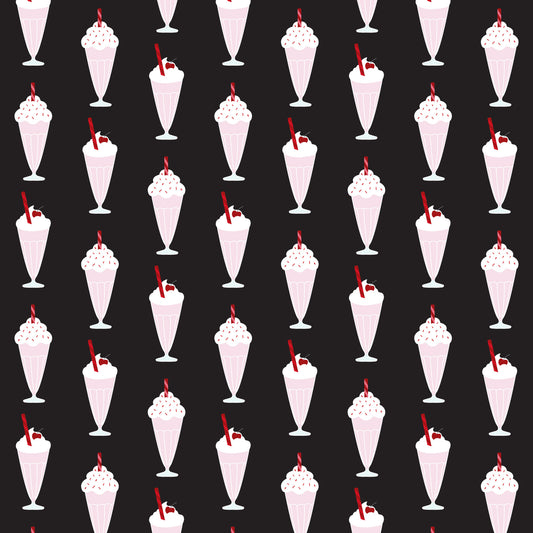 black background, red accents, pink milkshakes, white whipped cream, cherry garnish, red straws, ice cream sundaes, 1950s style, retro diner, soda fountain, repeating pattern, vintage desserts, quilting cotton, fabric panel, nostalgic design, mid-century modern, strawberry shake, dessert motif, diner aesthetic